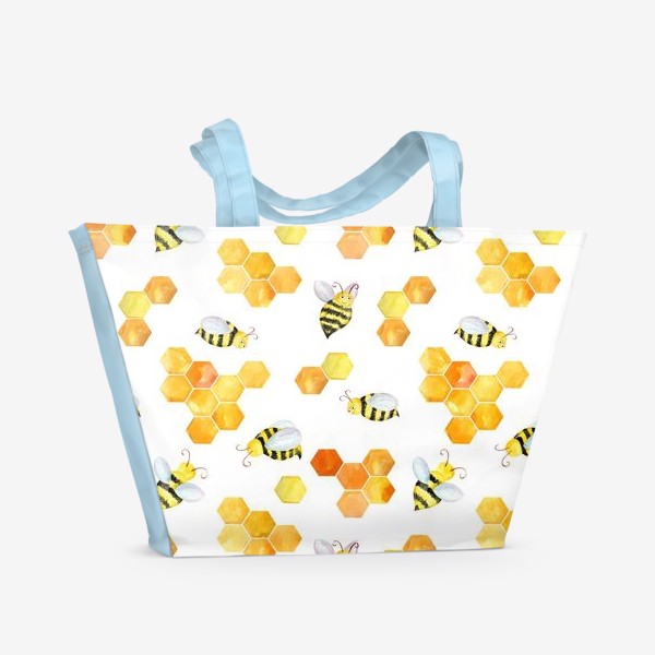Пляжная сумка «Безшовный акварельный паттерн с сотами и пчелами»