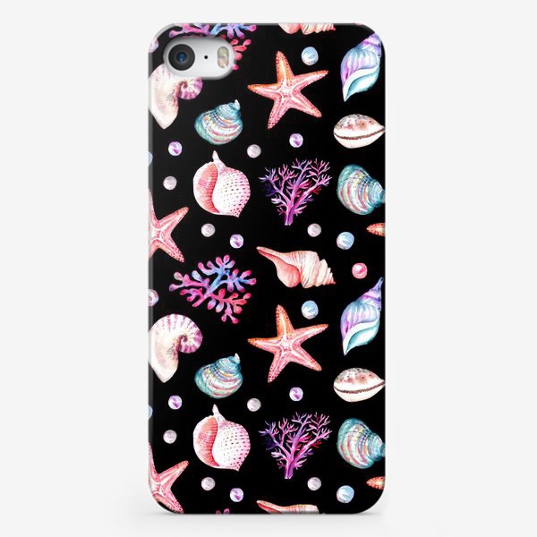 Чехол iPhone «Безшовный акварельный  темный паттерн с морской темой, кораллами и жемчужинами»