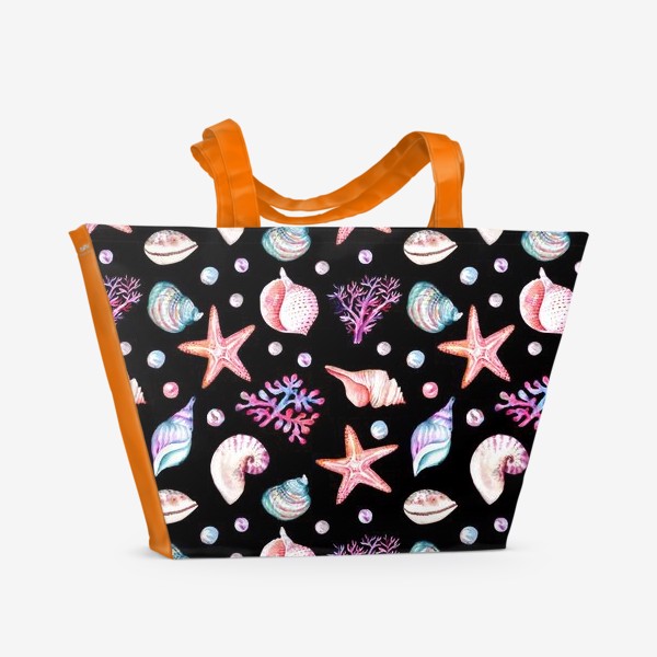 Пляжная сумка «Безшовный акварельный  темный паттерн с морской темой, кораллами и жемчужинами»