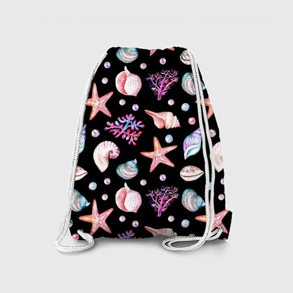 Рюкзак «Безшовный акварельный  темный паттерн с морской темой, кораллами и жемчужинами»