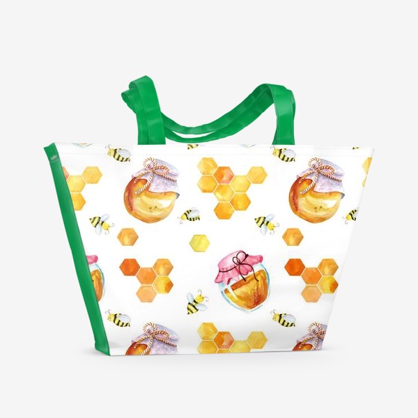 Пляжная сумка «Безшовный акварельный паттерн с сотамиб медом и пчелами»
