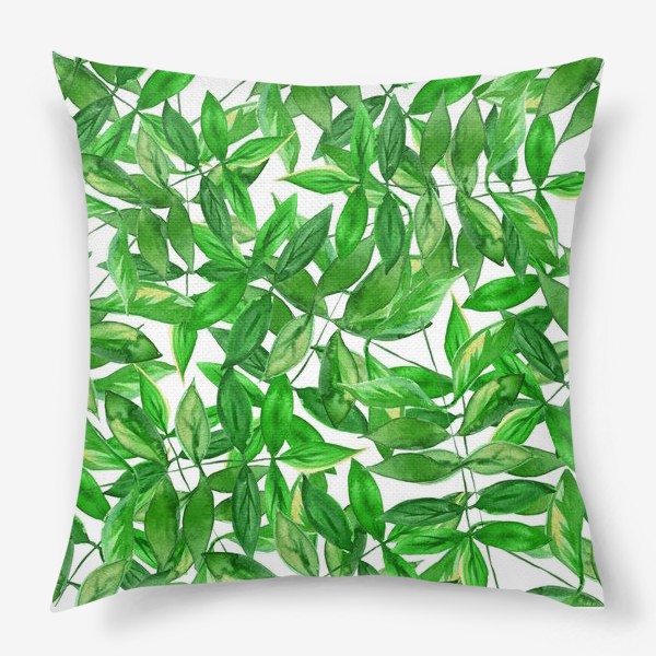 Подушка &laquo;Безшовный акварельный паттерн с зелеными листьями на белом фоне&raquo;