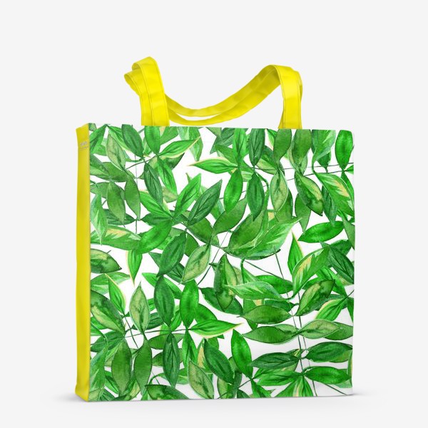 Сумка-шоппер «Безшовный акварельный паттерн с зелеными листьями на белом фоне»