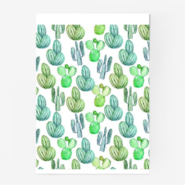 Постер «Безшовный акварельный паттерн с кактусами и цветами»