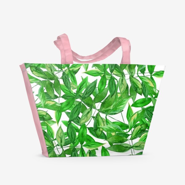 Пляжная сумка «Безшовный акварельный паттерн с зелеными листьями на белом фоне»