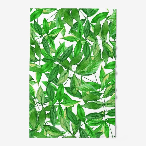 Полотенце «Безшовный акварельный паттерн с зелеными листьями на белом фоне»