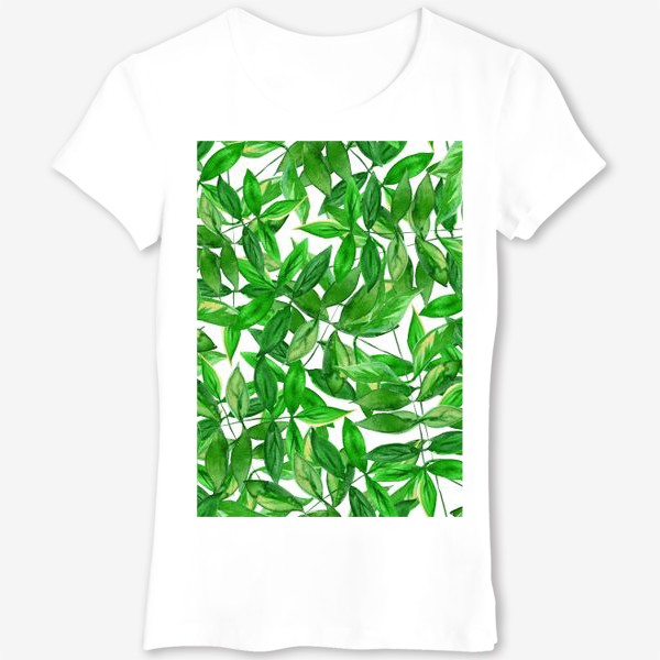 Футболка «Безшовный акварельный паттерн с зелеными листьями на белом фоне»