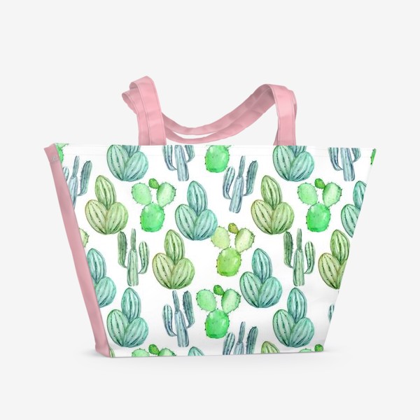 Пляжная сумка «Безшовный акварельный паттерн с кактусами и цветами»