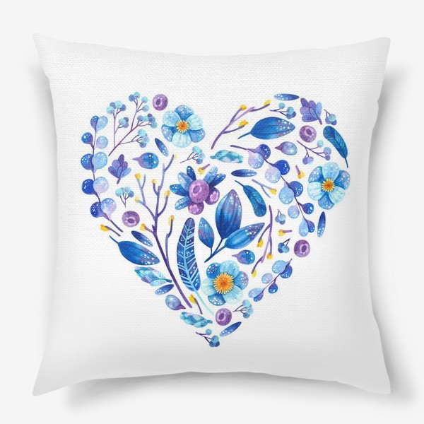 Подушка «Акварельный принт. Синие и фиолетовые космические растения в форме сердца.»