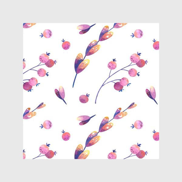 Скатерть «Акварельные розовые листья и ягоды с символами луны и звёзд на белом фоне»