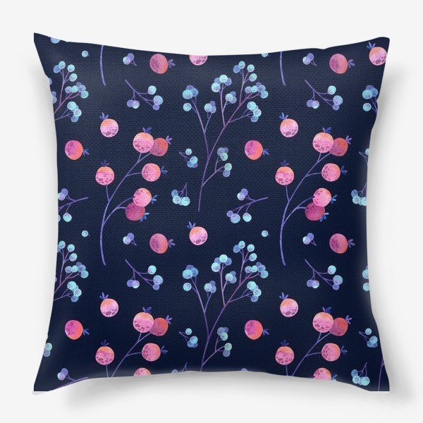 Подушка « Акварельные голубые и розовые ягоды на тёмном фоне»