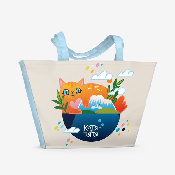 Пляжная сумка «Кот курильский бобтейл и вулкан Тятя на Кунашире»