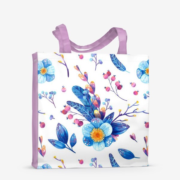 Сумка-шоппер «Синие цветы и розовые ягоды на белом фоне. Акварельный паттерн»