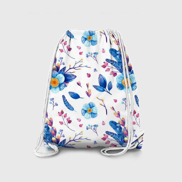 Рюкзак «Синие цветы и розовые ягоды на белом фоне. Акварельный паттерн»