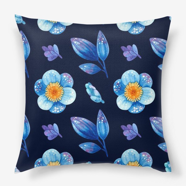 Подушка «Акварельные синие цветы и листья на тёмном фоне»
