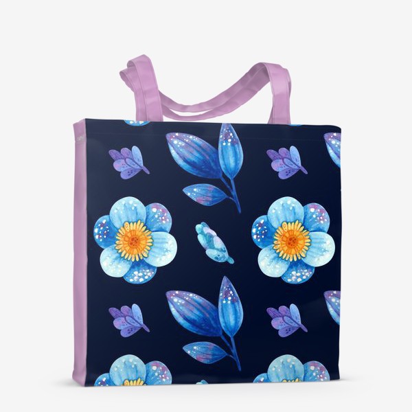 Сумка-шоппер «Акварельные синие цветы и листья на тёмном фоне»