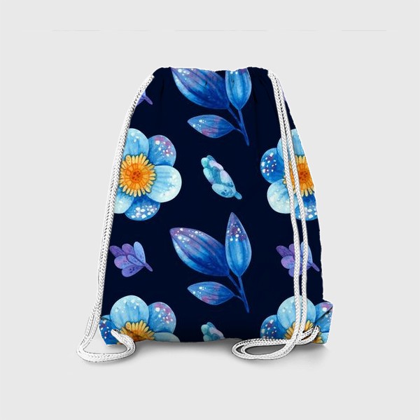 Рюкзак «Акварельные синие цветы и листья на тёмном фоне»