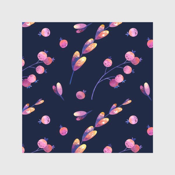 Скатерть «Акварельные розовые листья и ягоды с символами луны и звёзд на тёмном фоне»
