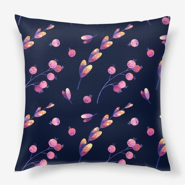 Подушка «Акварельные розовые листья и ягоды с символами луны и звёзд на тёмном фоне»