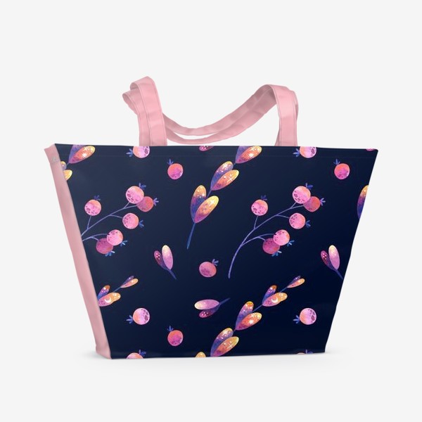 Пляжная сумка «Акварельные розовые листья и ягоды с символами луны и звёзд на тёмном фоне»