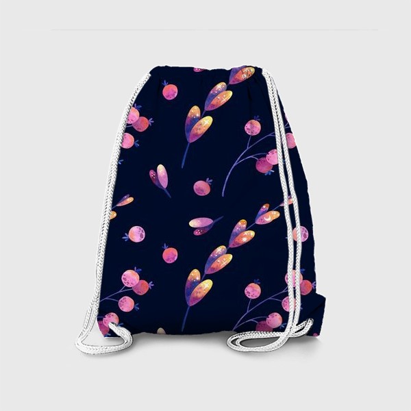 Рюкзак «Акварельные розовые листья и ягоды с символами луны и звёзд на тёмном фоне»