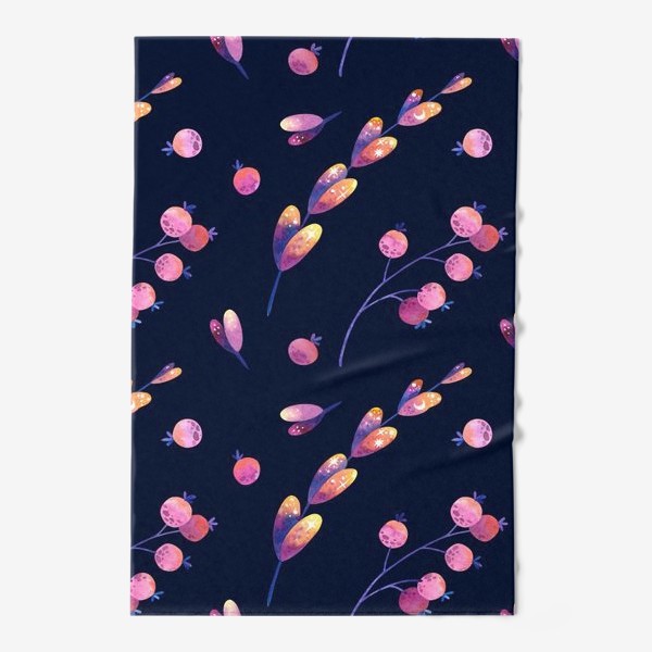 Полотенце «Акварельные розовые листья и ягоды с символами луны и звёзд на тёмном фоне»