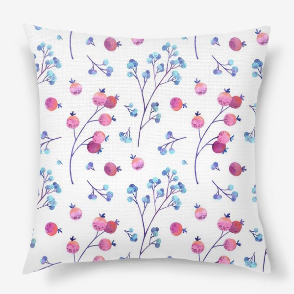 Подушка «Акварельные голубые и розовые ягоды на белом фоне»