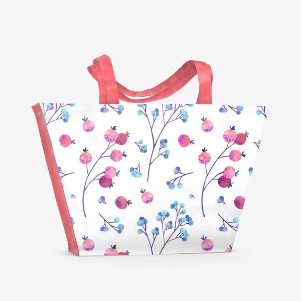 Пляжная сумка &laquo;Акварельные голубые и розовые ягоды на белом фоне&raquo;