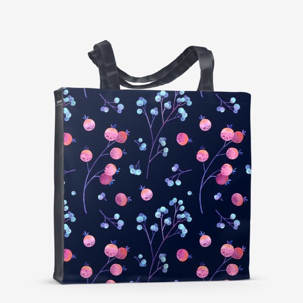 Сумка-шоппер « Акварельные голубые и розовые ягоды на тёмном фоне»