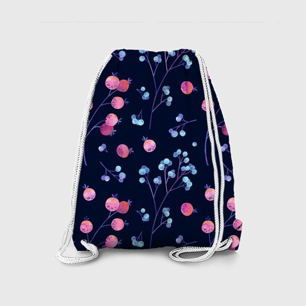 Рюкзак « Акварельные голубые и розовые ягоды на тёмном фоне»