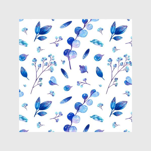 Шторы «Акварельные синие листья и ягоды на белом фоне»
