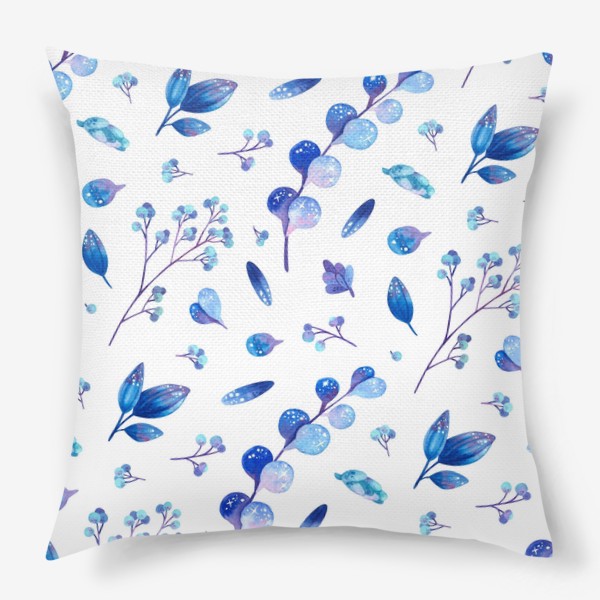 Подушка «Акварельные синие листья и ягоды на белом фоне»