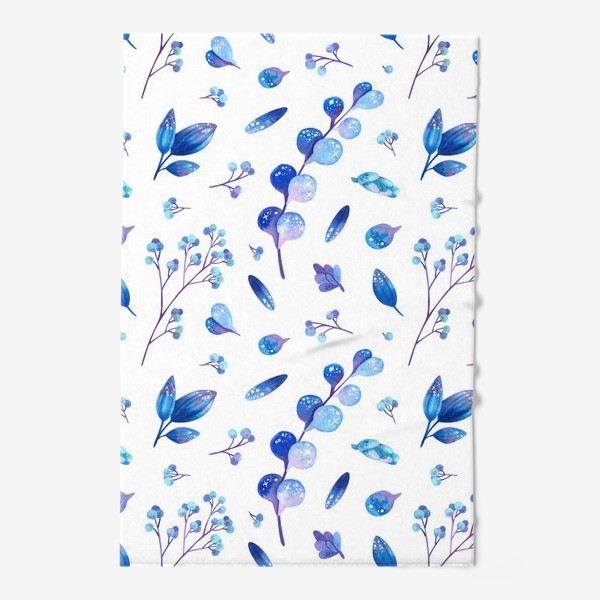 Полотенце «Акварельные синие листья и ягоды на белом фоне»