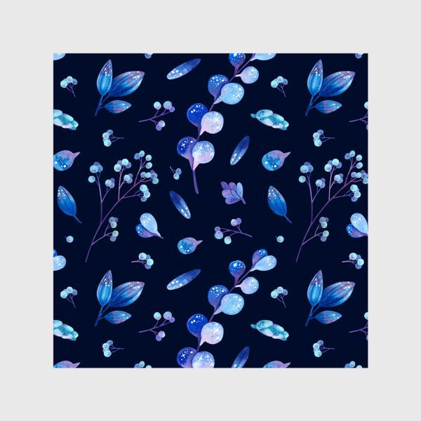 Шторы «Акварельные синие листья и ягоды на тёмном фоне»
