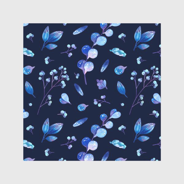 Скатерть «Акварельные синие листья и ягоды на тёмном фоне»
