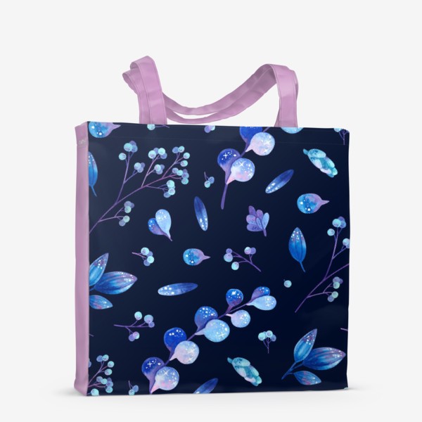 Сумка-шоппер «Акварельные синие листья и ягоды на тёмном фоне»