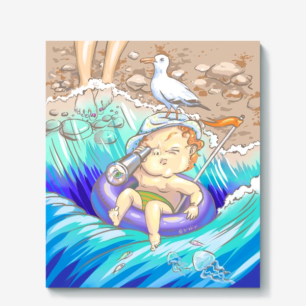 Холст «малыш в надувном кругу на пляже »