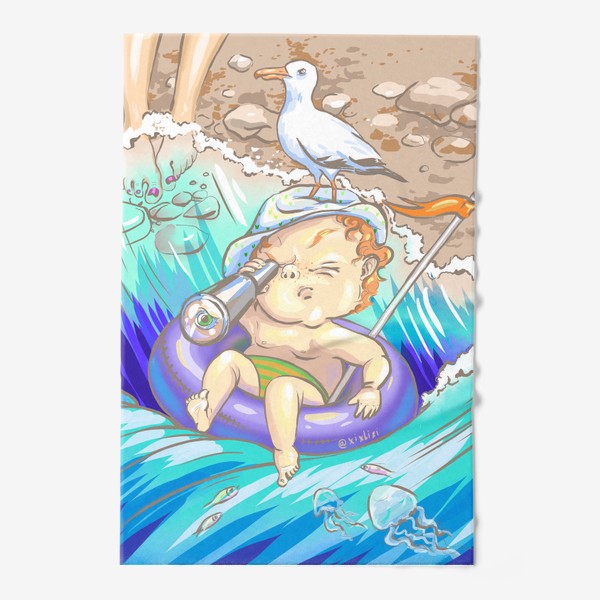 Полотенце &laquo;малыш в надувном кругу на пляже &raquo;