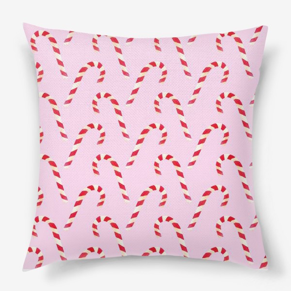 Подушка «новогодний узор из конфет леденцов кенди кейн на розовом фоне»