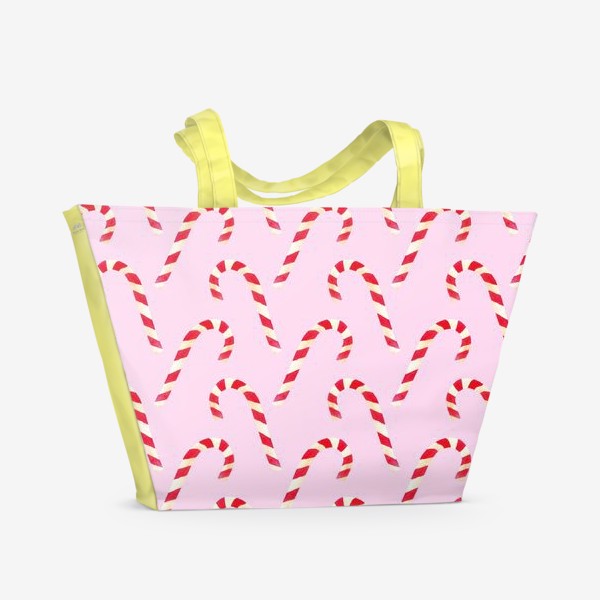 Пляжная сумка «новогодний узор из конфет леденцов кенди кейн на розовом фоне»