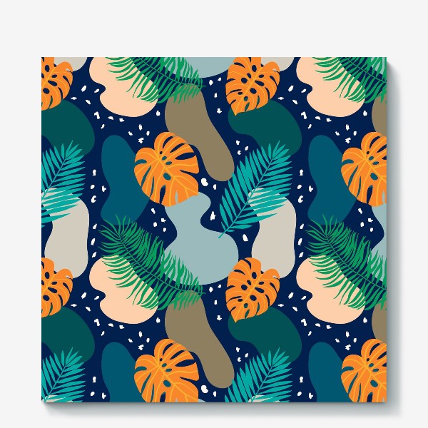 Холст «Абстрактный современный узор с оранжевыми листьями монстеры и пальмы в темных тонах. Летний тропический рисунок»