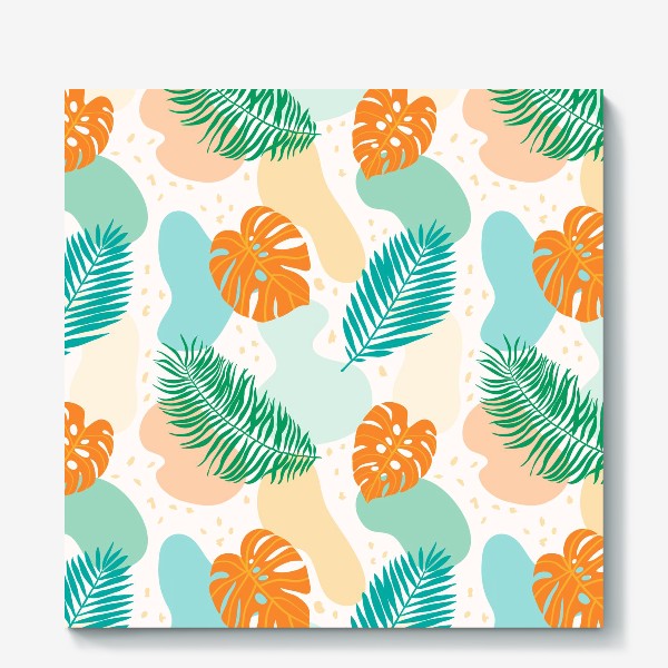Холст «Современный абстрактный паттерн с тропическими листьями растений:  монстеры и пальмы. Зеленый, бирюзовый, оранжевый»