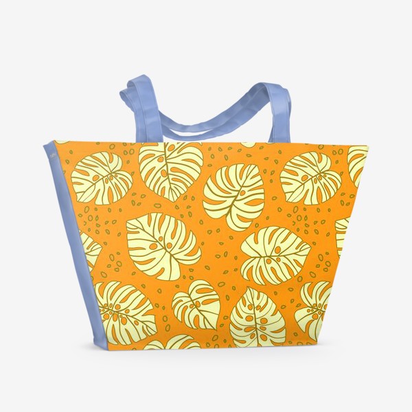 Пляжная сумка «Листья монстеры. Тропический абстрактный узор в желто-хаки-оранжевых тонах, бесшовный паттерн»