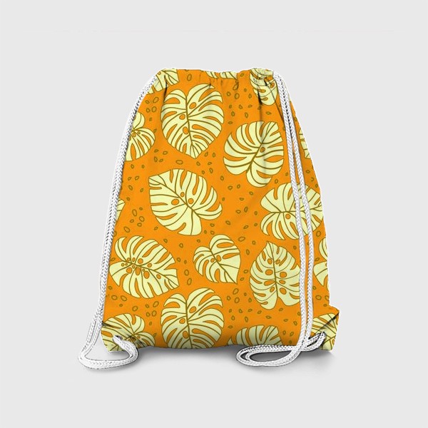 Рюкзак «Листья монстеры. Тропический абстрактный узор в желто-хаки-оранжевых тонах, бесшовный паттерн»