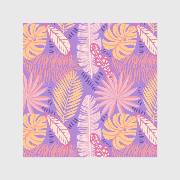 Скатерть «Экзотические растения в желтых, розовых, сиреневых тонах. Тропические листья пальм, монстеры, банана»