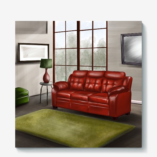 Холст «Сиди дома.  Дома лучше. Красный диван.»