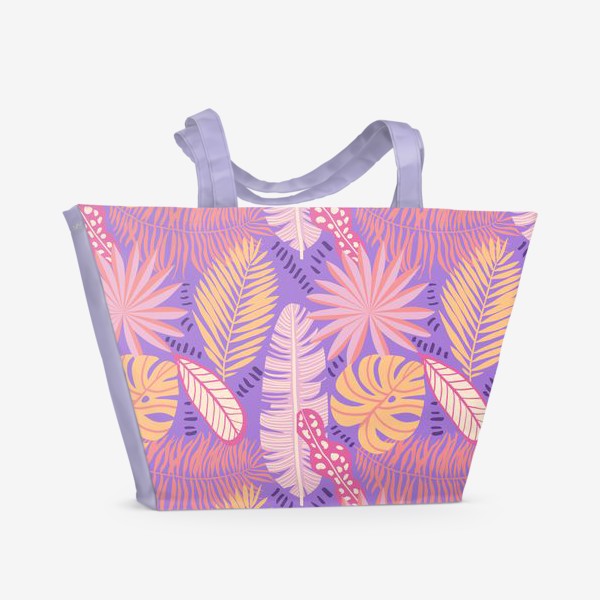 Пляжная сумка «Экзотические растения в желтых, розовых, сиреневых тонах. Тропические листья пальм, монстеры, банана»