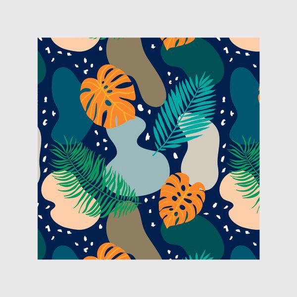 Шторы «Абстрактный современный узор с оранжевыми листьями монстеры и пальмы в темных тонах. Летний тропический рисунок»