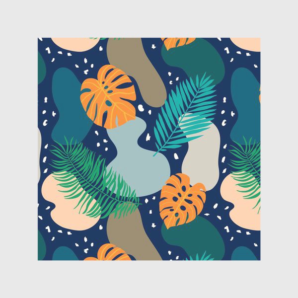 Скатерть &laquo;Абстрактный современный узор с оранжевыми листьями монстеры и пальмы в темных тонах. Летний тропический рисунок&raquo;