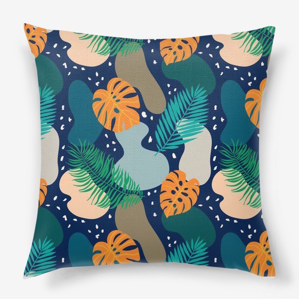 Подушка «Абстрактный современный узор с оранжевыми листьями монстеры и пальмы в темных тонах. Летний тропический рисунок»